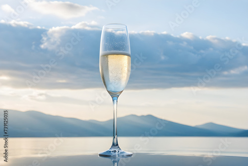 A champagne glass poised delicately against a backdrop of wispy clouds, casting subtle reflections that suggest a sunlit sky, champagne effervescence captured mid-ascent. Generative AI