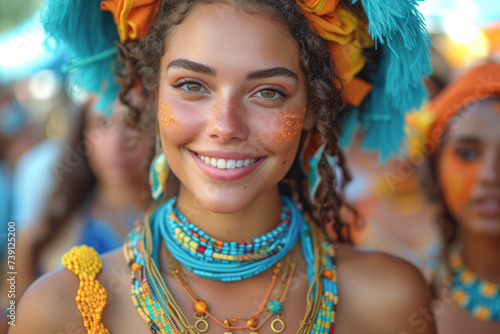 A multicultural woman participating in a vibrant cultural festival, celebrating diversity and fostering cross-cultural understanding. Concept of cultural unity. Generative Ai.