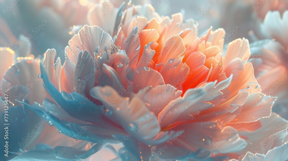 Frost-Kissed Radiance: Peony's radiant glow is kissed by frost, its delicate petals shimmering with cold light. - obrazy, fototapety, plakaty 