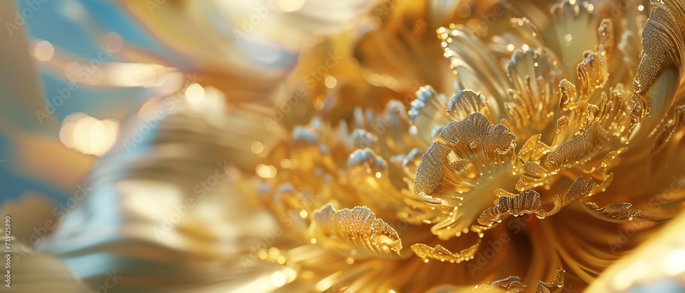 Gilded Glamour: Peony's macro bloom glimmers with golden and silver dust, embodying a sense of opulent glamour. Gilded Glamour: Peony's macro bloom glimmers with golden and silver dust, embodying a sense of opulent glamour.