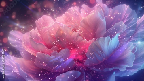 Galactic Petal Glow: Peony's petals emit a radiant luminescence, adorned with cosmic particles.