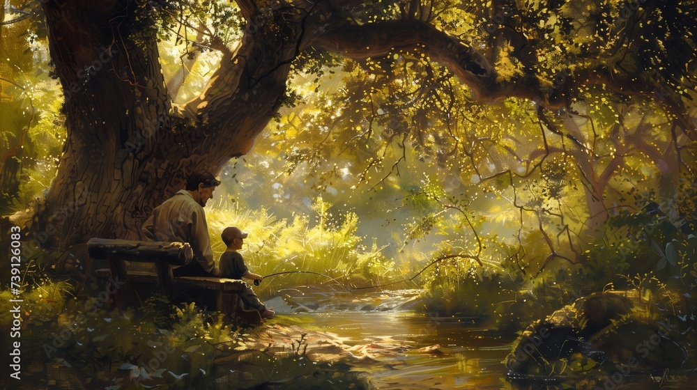 The father gently teaches the child how to fish in the nearby stream, their laughter mingling with the gentle babble of the water