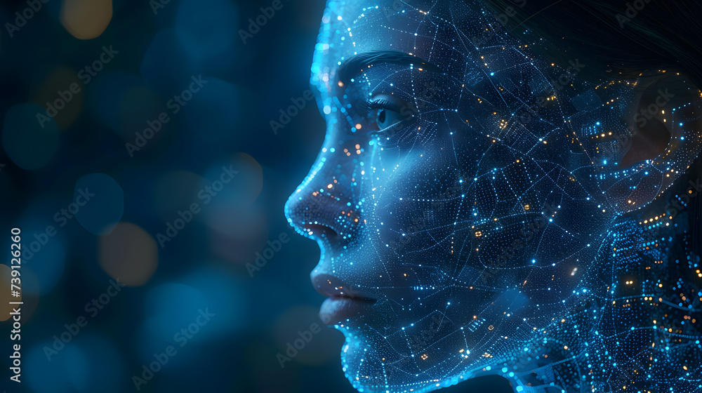 Close-up portrait of a woman immersed in digital technology concept, representing the fusion of innovation and futuristic vision in modern society. - obrazy, fototapety, plakaty 