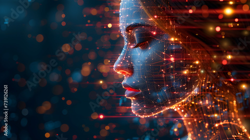 Close-up portrait of a woman immersed in digital technology concept, representing the fusion of innovation and futuristic vision in modern society.