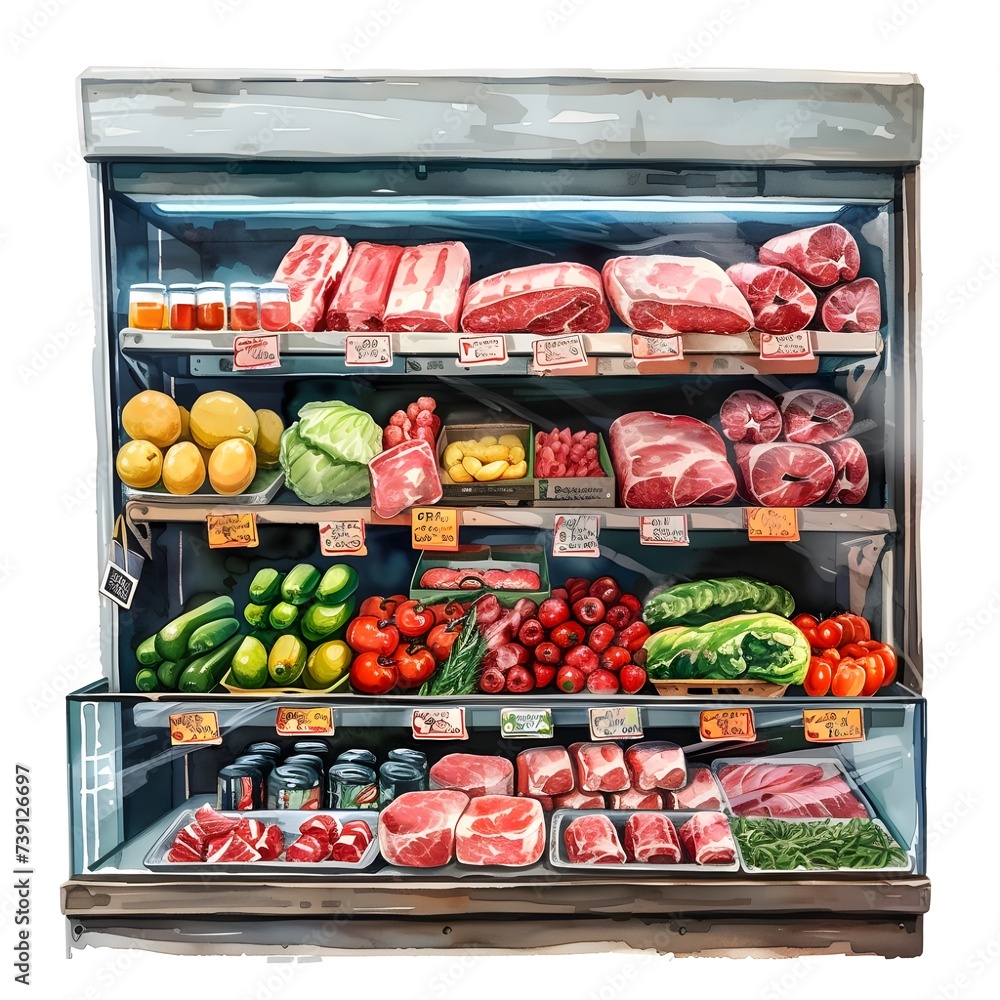 streaky pork arrangement on Meat shelves in department stores, type of meat, cute cartoon, full body, watercolor illustration.
