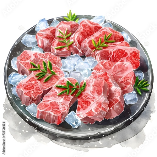 streaky pork arrangement on ice, type of meat, cute cartoon, full body, watercolor illustration. photo