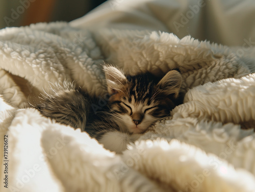 Cute kitten sleeping on bed