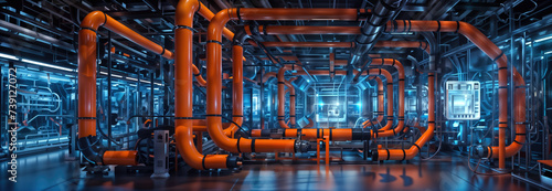 industrial interior with orange pipes and a metallic blue light. The pipes are arranged in a circular pattern and extend from the floor to the ceiling. © petrovk