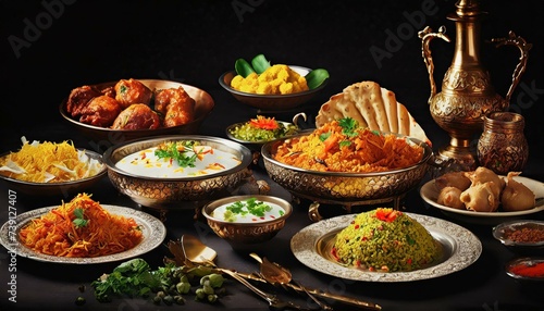 Assorted indian food on restaurant table. Indian cuisine black background