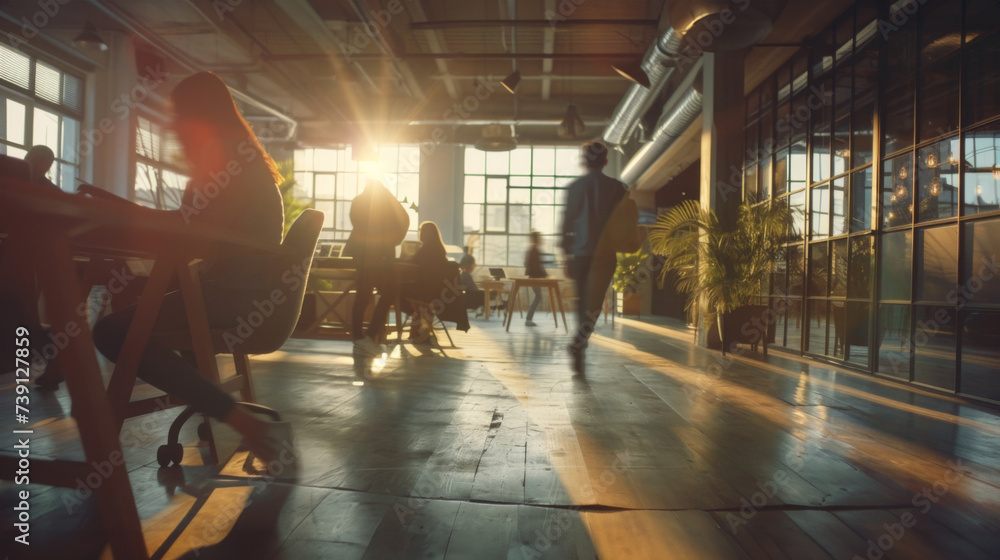 Employees in a contemporary office space. In a modern office setting with dynamic motion blur, business professionals collaborate in a shared workspace