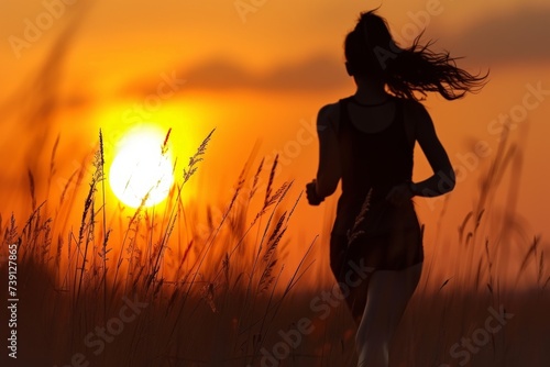 Woman Running Through Field at Sunset