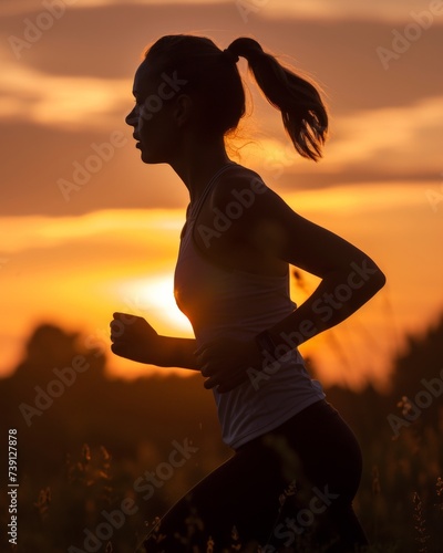 Woman Running in Field at Sunset