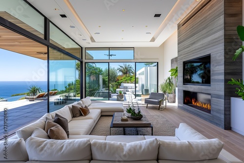 Modern, minimalist luxury living room with gas fireplace and patio doors open to ocean view and patio © Azar