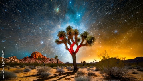Exploding star dust and sun rays over a joshua tree