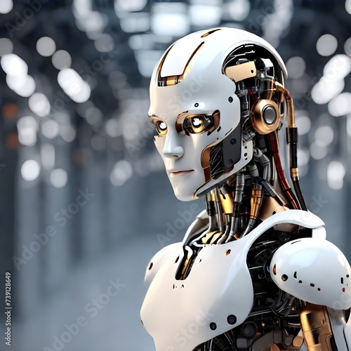 Humanoid Robot Employed as Computer Operator in Office: IT Support Team, Advanced AI Worker, Futuristic Call Center Assistance Through Generative AI
