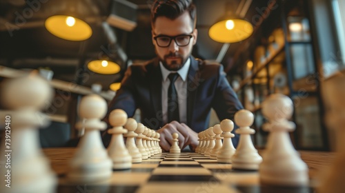 Businessman and chess enthusiast in a leadership role, adept at making decisive decisions with confidence, employing strategic thinking for success in both the business world and chessboard.