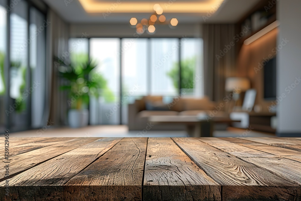 Wood table with blurred modern apartment interior background, Empty wooden tabletop with blurred living room background