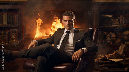 A successful handsome stylish businessman, boss, entrepreneur, director, a man wearing an expensive suit, sitting in front of a fireplace in the office.