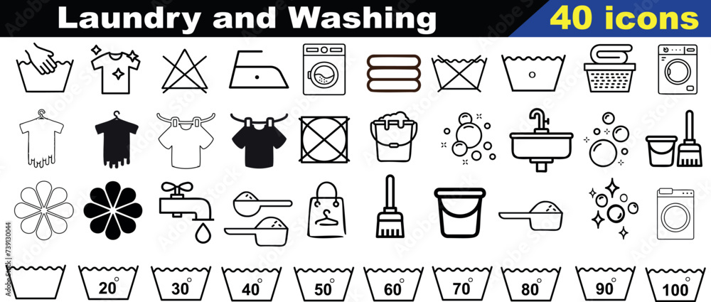 Laundry, washing vector icon set. Features clothes, machine, detergent, ironing symbols. Perfect for hygiene, cleanliness web design, apps. Black line icons depicting cleaning tools, water sources Laundry, washing vector icon set. Features clothes, machine, detergent, ironing symbols. Perfect for hygiene, cleanliness web design, apps. Black line icons depicting cleaning tools, water sources