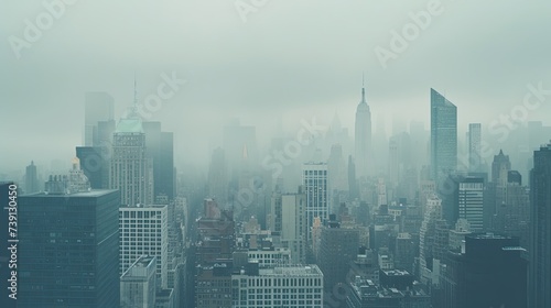 A bustling metropolis emerges from behind the fog, its buildings towering