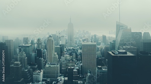 A bustling metropolis emerges from behind the fog, its buildings towering