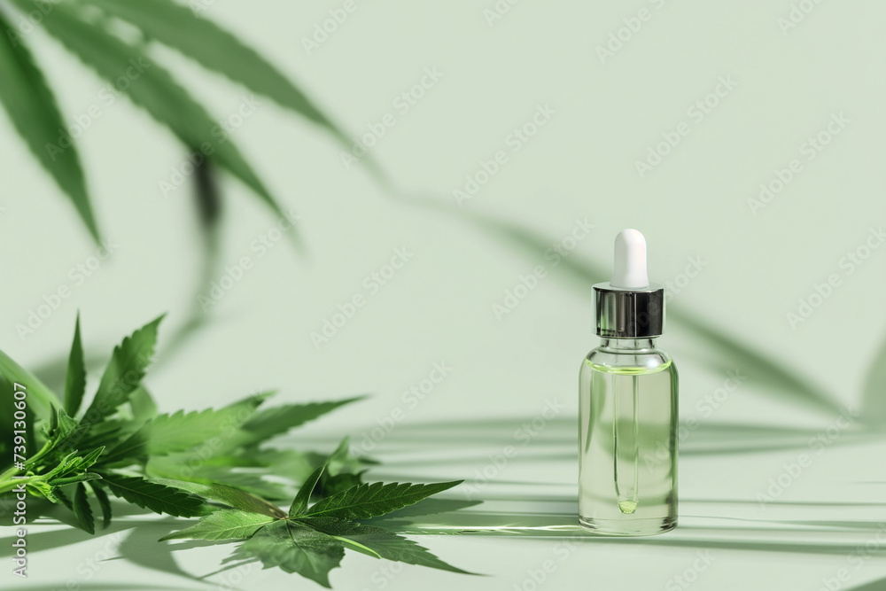 CBD Hemp oil in a dropper bottle. Cannabis oil with Marijuana plants around. Medical marijuana green leaves, alternative medicine. Oil extracts in a bottle, natural treatment, cosmetic component.