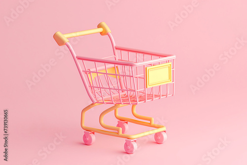 3D empty shopping cart for purchases on pastel background. Minimal design, cartoon creative icon. Sale, Black Friday concept, shopping season, purchase, discounts, shopaholic. Promotion, marketing