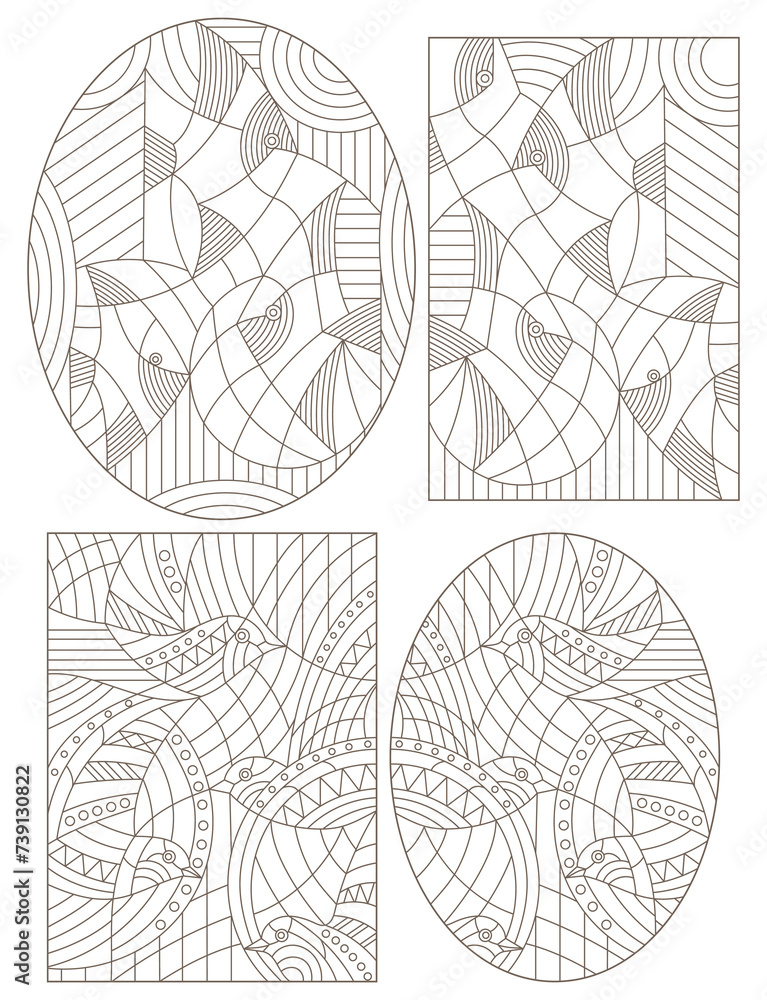 A set of contour illustrations in the style of stained glass with abstract fish and birds, dark outlines on a white background