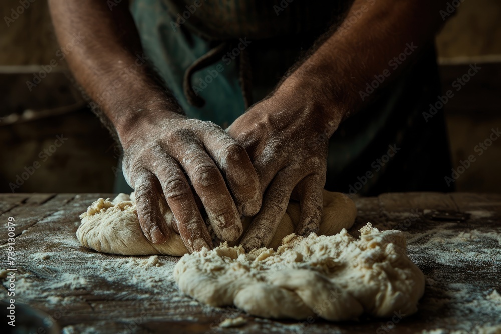 A person kneads dough, their hands skillfully working to create the perfect texture