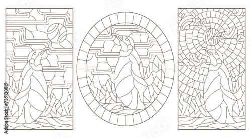 Set of outline illustrations of stained glass Windows with penguins, dark outlines on white background