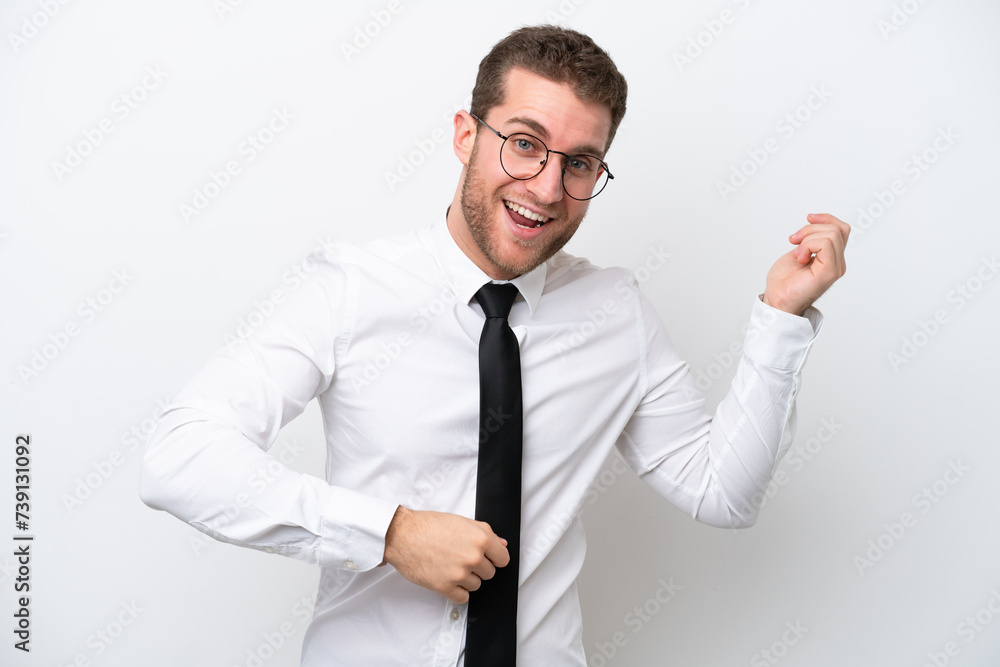 Young business caucasian man isolated on white background making guitar gesture Young business caucasian man isolated on white background making guitar gesture