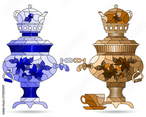 Set of illustrations in the style of stained glass with a Russian samovars and teapots, dishes isolated on a white background, tone blue and brown