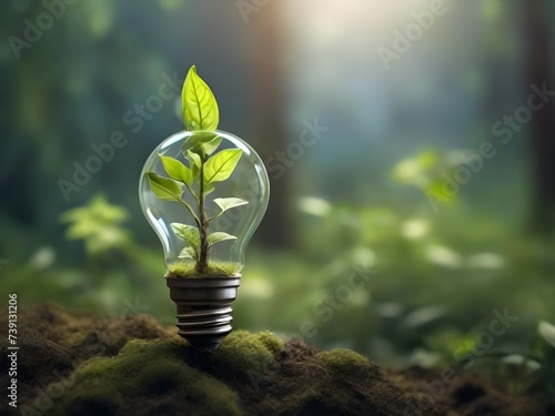 light bulb with green leaves