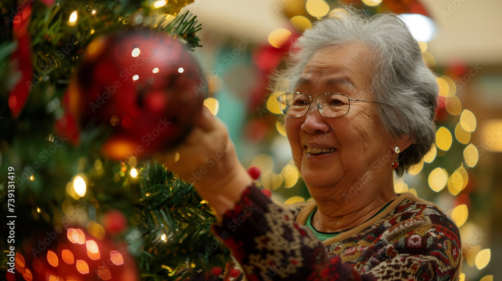 Senior people decorating Christmas tree Senior people decorating Christmas tree