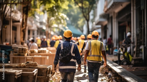 Asian workers in hard hats and safety uniforms in instructions for emergency work photo