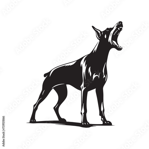 Commanding Vigor: Dominant Doberman Pinscher Barking Silhouette in Action - Doberman Pinscher Barking Illustration - Doberman Pinscher Barking Vector Stock
