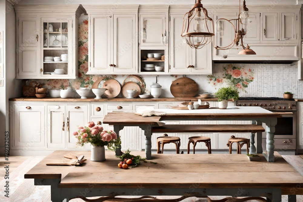 A classic French country kitchen with charming floral prints, copper accents, and a rustic farmhouse table. Timeless elegance meets provincial charm - obrazy, fototapety, plakaty 