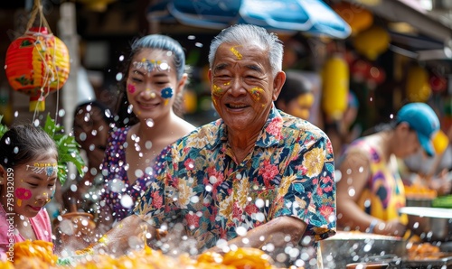 Happy, wonder, and joy people in Songkran festival in Thailand, a scene of a family enjoying the festivities, wearing floral shirts, faces painted with traditional Thai patterns