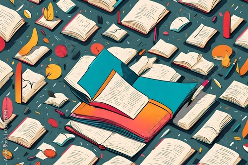A minimalist notebook with a bold, colorful illustration of an open book on the cover