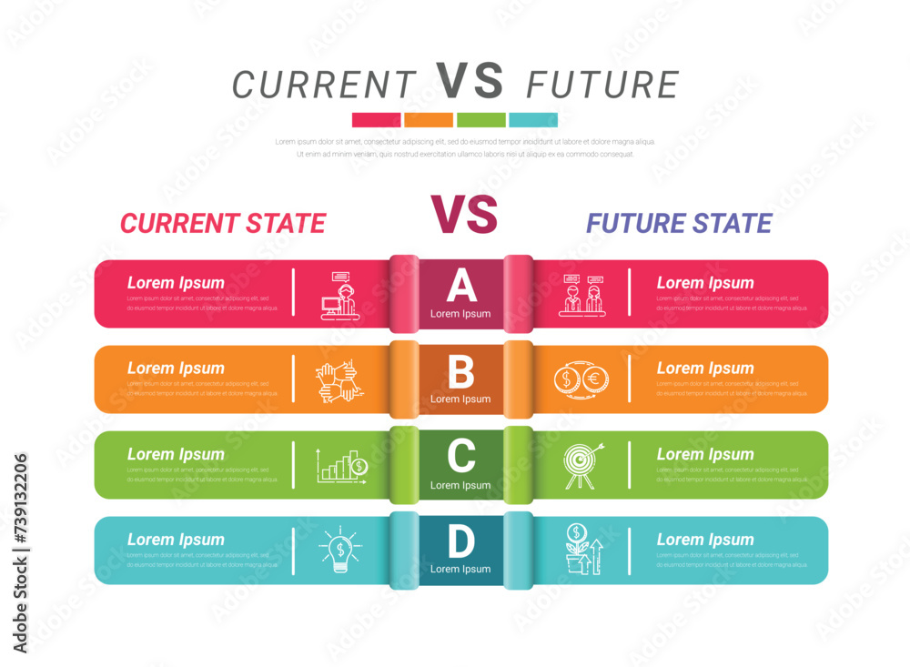Versus infographic, Current versus future, business infographic concept for presentations, banner, workflow layout, comparison diagram. Versus infographic, Current versus future, business infographic concept for presentations, banner, workflow layout, comparison diagram.