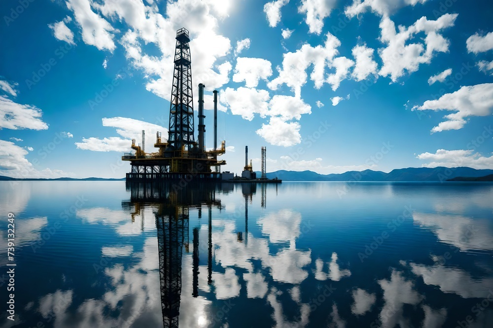 A reflection of an oil rig on the calm surface of a lake during a clear day, creating a perfect mirror image of the industrial structure.