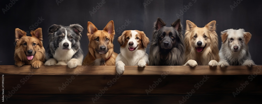 .a group of dogs and cats peering over a wooden, generative ai .a group of dogs and cats peering over a wooden, generative ai