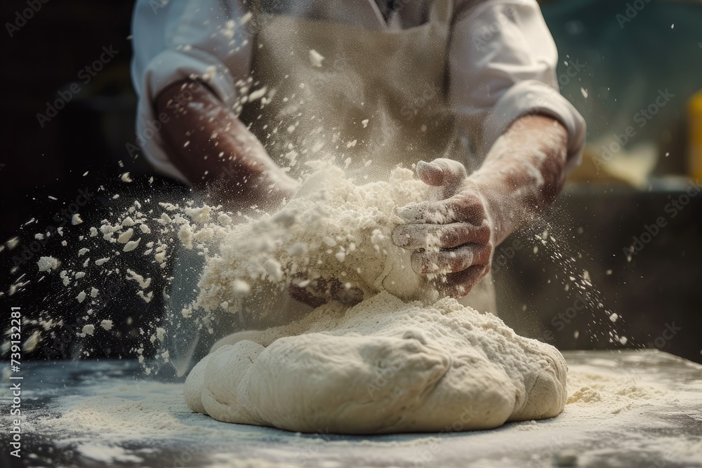 Hands at work, kneading dough with expertise and finesse, preparing it for culinary deligh Hands at work, kneading dough with expertise and finesse, preparing it for culinary deligh