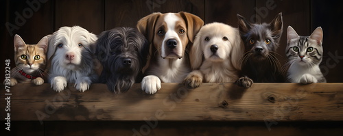 .a group of dogs and cats peering over a wooden, generative ai photo