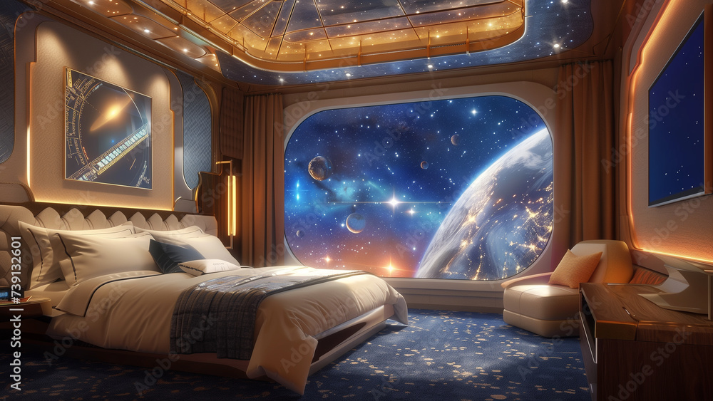 Space Odyssey: A Luxury Hotel Room with a Cosmic Window Space Odyssey: A Luxury Hotel Room with a Cosmic Window
