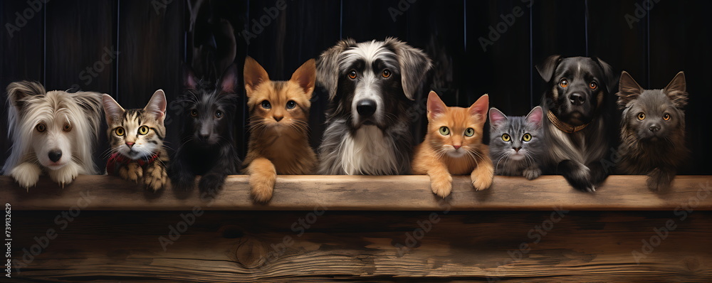 .a group of dogs and cats peering over a wooden, generative ai - obrazy, fototapety, plakaty 