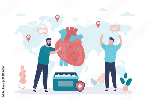 World organ donation day, donor or doctor give giant human heart. Donor human organs anatomical healthy heart. Cardiovascular problem and healthcare.