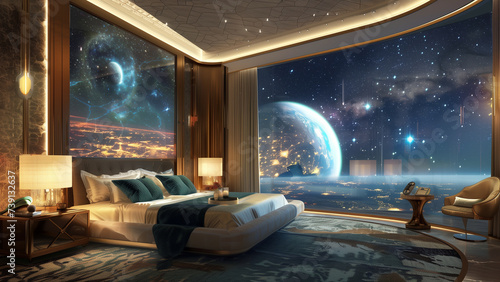 Space Odyssey: A Luxury Hotel Room with a Cosmic Window
