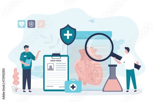Team of transplant doctors and surgeons evaluate quality and health of donor heart for transplantation into patient. Donor human organs anatomical healthy heart.