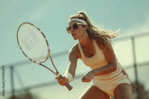 In the midst of a tennis tournament, a woman in athletic attire battles it out on the court, offering space for additional content